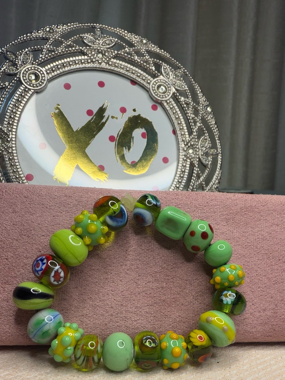 Artisan Lampwork Art Glass Bead Stretch Bracelet Lime Green Hobnail Millefiori